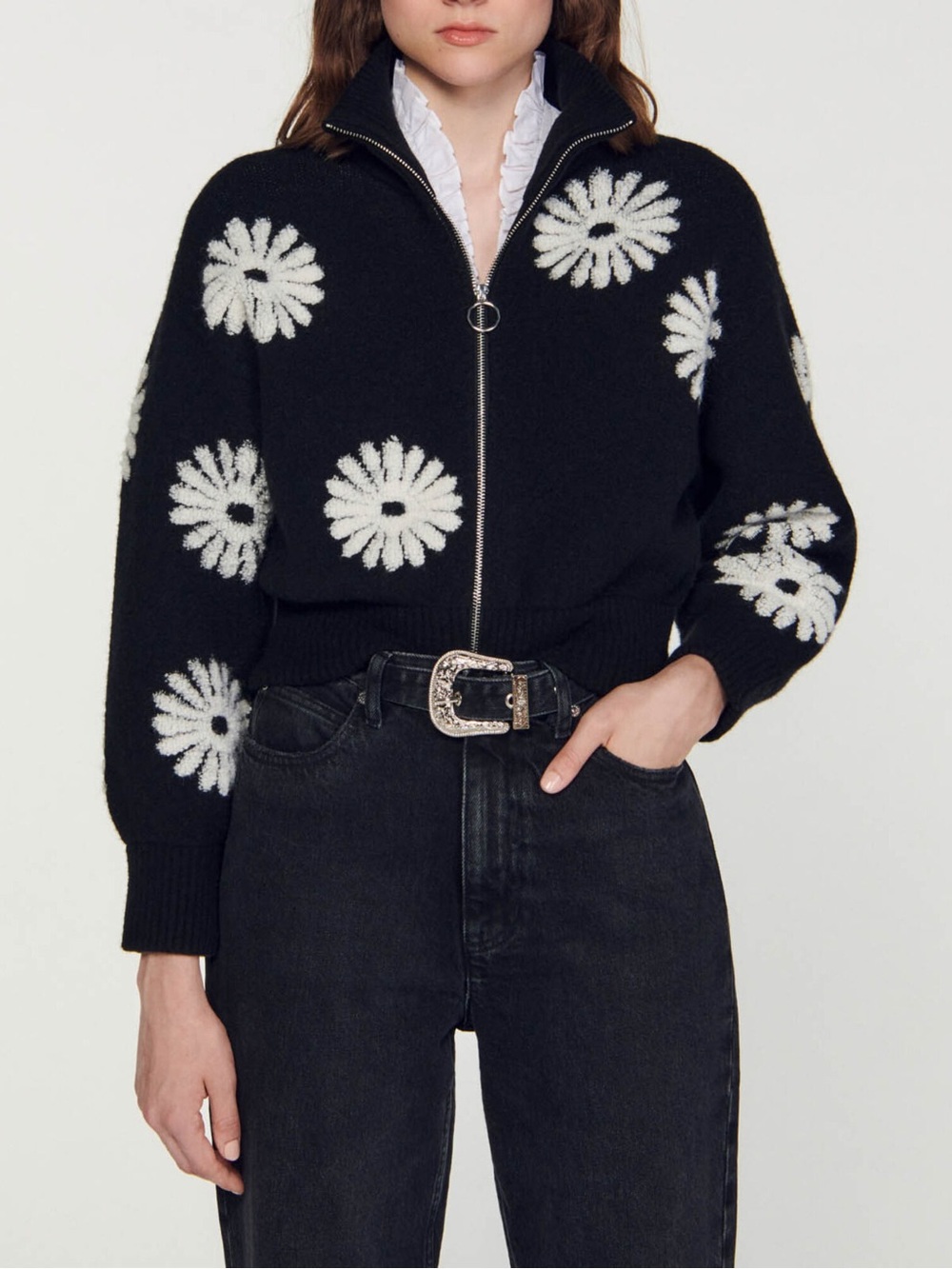 Sandro Floral Trucker Style Sweater